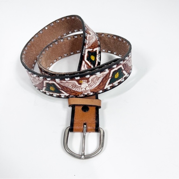 Accessories - PAINTED TOOLED LEATHER BELT Made in Mexico | Eagle | Floral